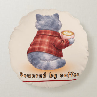 "Powered by Coffee" Cat Holding A Cup of Coffee Round Cushion