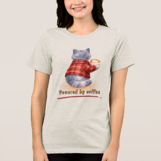 "Powered by Coffee" Cat Holding A Cup of Coffee Tri-Blend Shirt