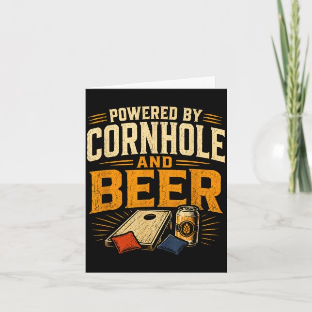 Powered by cornhole and beer funny tailgate card (Front)