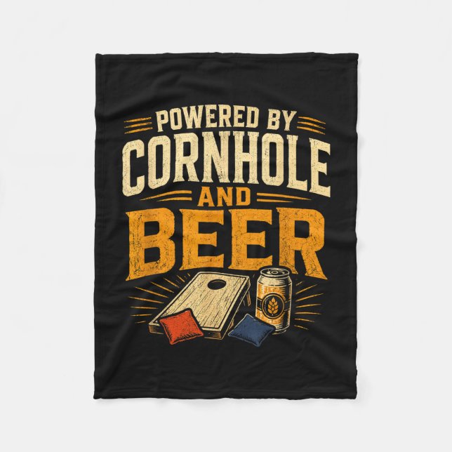 Powered by cornhole and beer funny tailgate fleece blanket (Front)