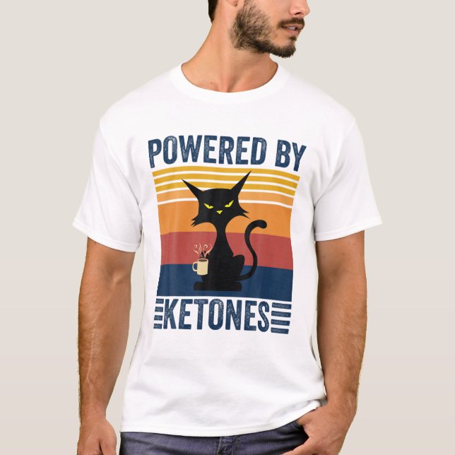Powered By Ketones Cat Drinking Bulletproof Coffee T-Shirt (Front)
