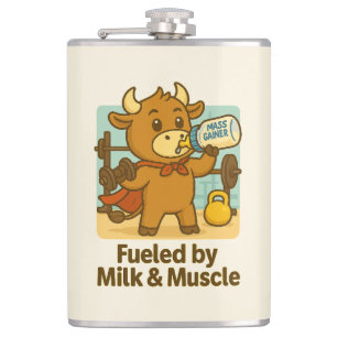 Powered by Milk & Muscle – Funny Bull Cartoon Flas Hip Flask
