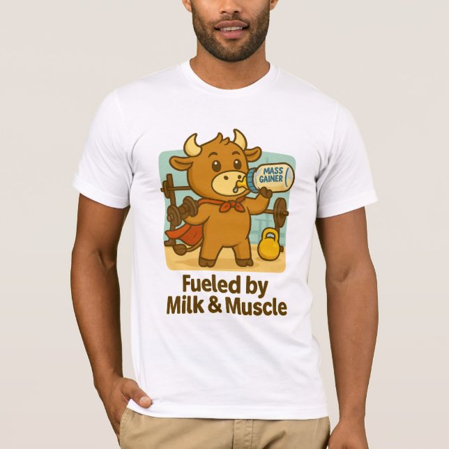Powered by Milk & Muscles – Funny Bullio Cartoon  T-Shirt (Front)