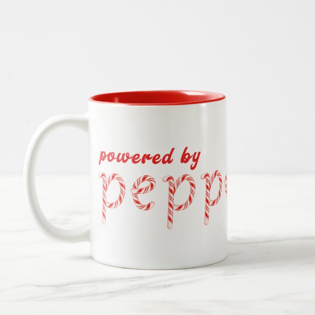 Powered by Peppermint Everything – Festive Holiday Two-Tone Coffee Mug (Left)