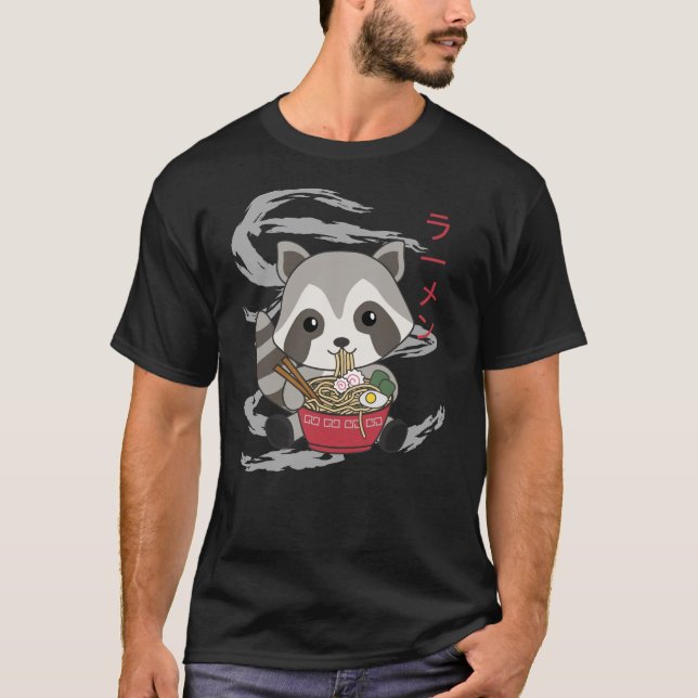 Powered By Ramen Cute Racoon Eats Ramen T-Shirt (Front)