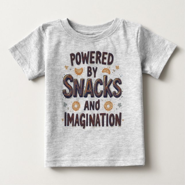 Powered by Snacks Imagination Funny Food Quote Typ Baby T-Shirt (Front)