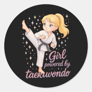 Powered By Taekwondo Girl Blonde Black Belt Tae Kw Classic Round Sticker