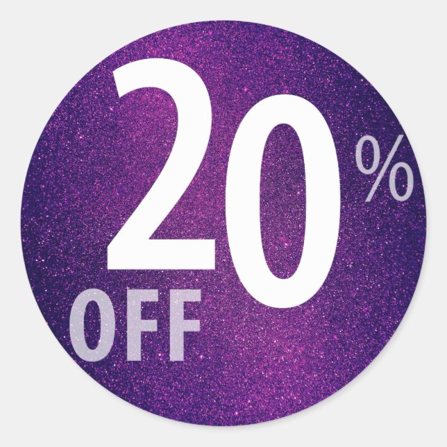 Powerful 20% OFF SALE Sign | Purple Glitter Classic Round Sticker (Front)
