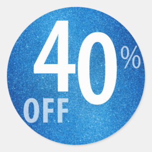 Powerful 40% OFF SALE Sign   Blue Glitter Classic Round Sticker