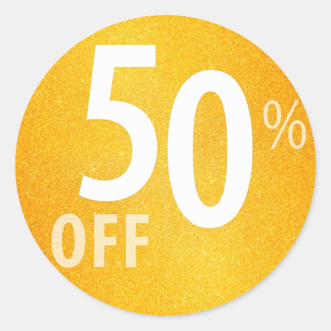Powerful 50% OFF SALE Sign | Orange Glitter Classic Round Sticker (Front)