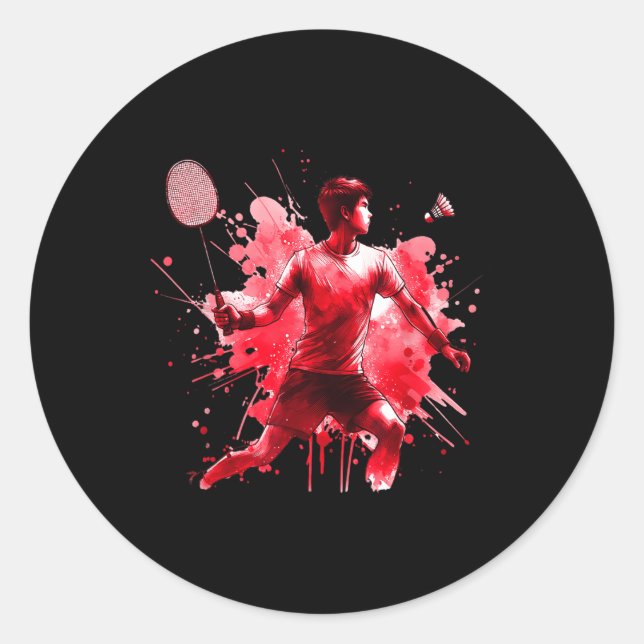 Powerful Badminton Player Red Splash Art  Classic Round Sticker (Front)