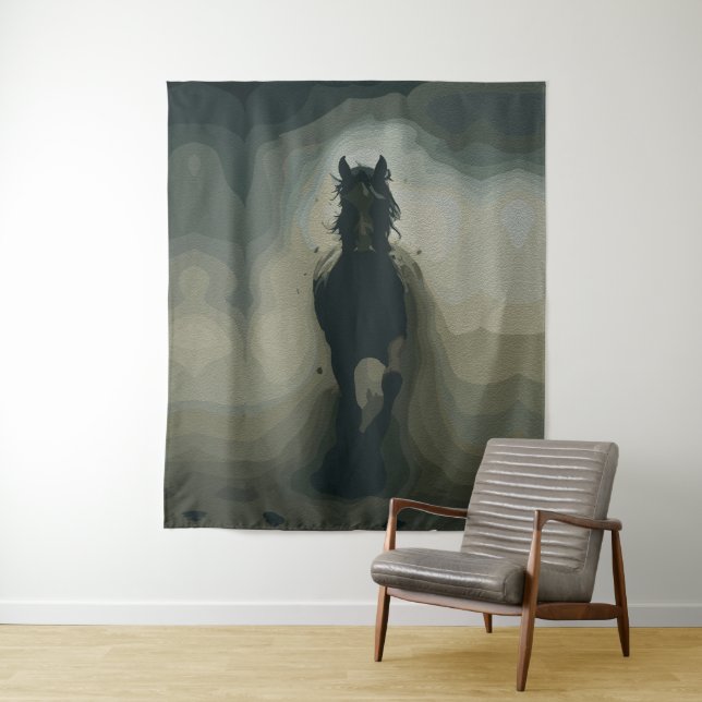 Powerful Black Stallion in Motion Tapestry (In Situ)