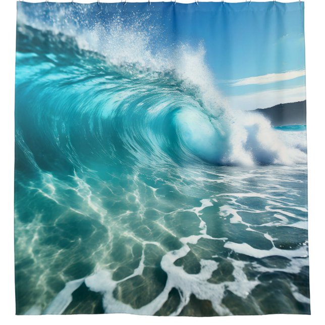 Powerful Calming Blue Ocean Wave Shower Curtain (Front)
