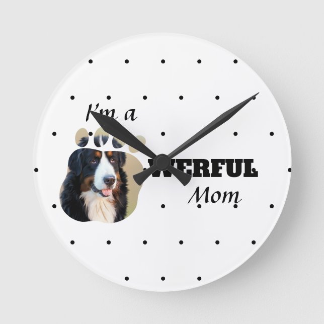 Powerful Cat / Dog Mum text paws add pet's photo Round Clock (Front)