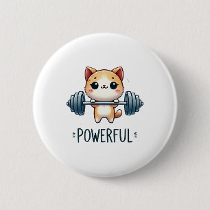 Powerful Cat Lifting Weights, Cute Gym Kitty Art 6 Cm Round Badge