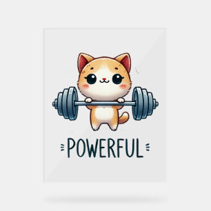Powerful Cat Lifting Weights, Cute Gym Kitty Art Acrylic Sign