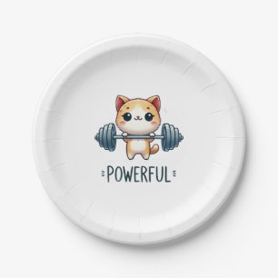 Powerful Cat Lifting Weights, Cute Gym Kitty Art Paper Plate