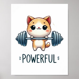 Powerful Cat Lifting Weights, Cute Gym Kitty Art Poster