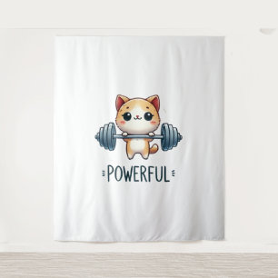 Powerful Cat Lifting Weights, Cute Gym Kitty Art Tapestry