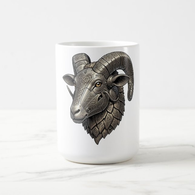 Powerful Celtic Silver Ram Head with Knot Patterns Coffee Mug (Center)