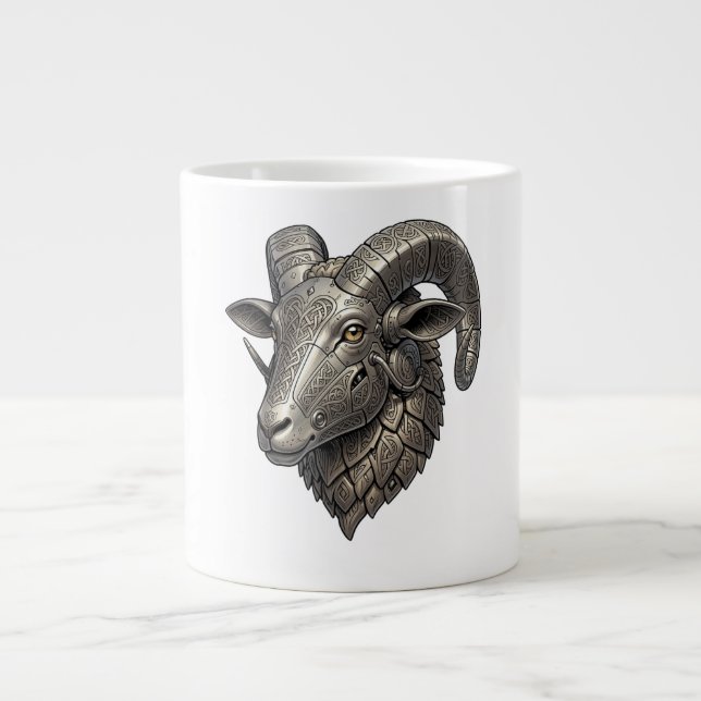 Powerful Celtic Silver Ram Head with Knot Patterns Large Coffee Mug (Front)