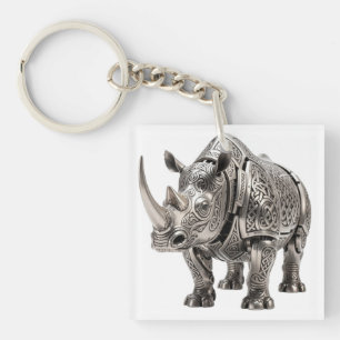 Powerful Celtic Silver Rhino with Intricate Knot P Key Ring