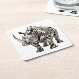 Powerful Celtic Silver Rhino with Intricate Knot P Square Paper Coaster