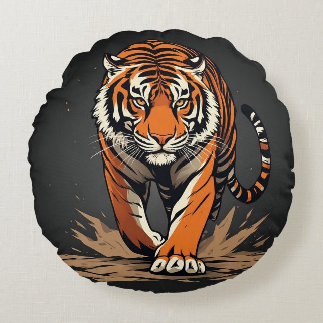 Powerful Charging Tiger Round Cushion (Front)