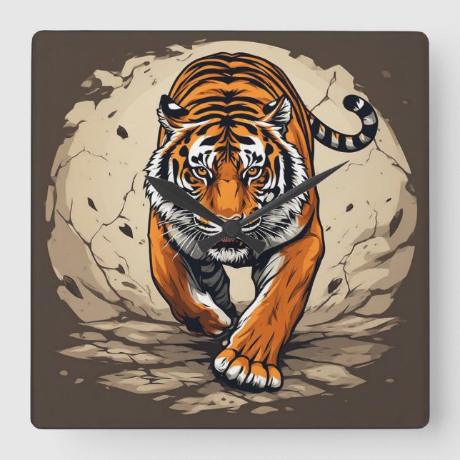 Powerful Charging Tiger Square Wall Clock (Front)