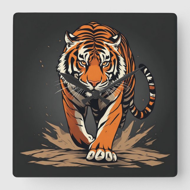 Powerful Charging Tiger Square Wall Clock (Front)