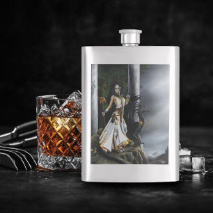 Powerful Fantasy Sorceress Black Dragon Guardian Hip Flask