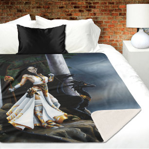 Powerful Fantasy Sorceress Black Dragon Guardian Sherpa Blanket