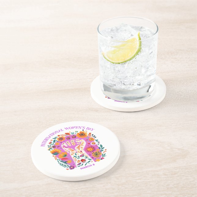 Powerful Floral Fist International Women's Day Coaster (Side)