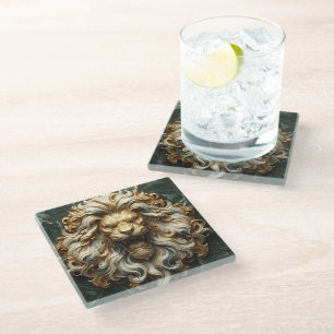 Powerful Golden Lion with Emerald Accents Glass Coaster