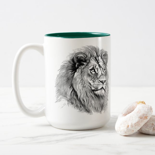 Powerful Lion Portrait Two-Tone Coffee Mug (With Donut)