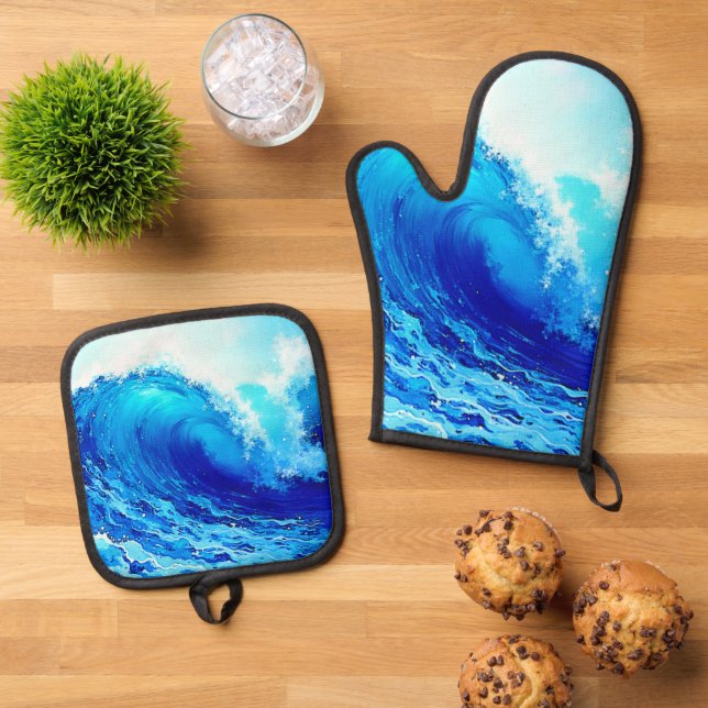 Powerful Ocean Wave Surge Design Oven Mitt & Pot Holder Set (Top Down)