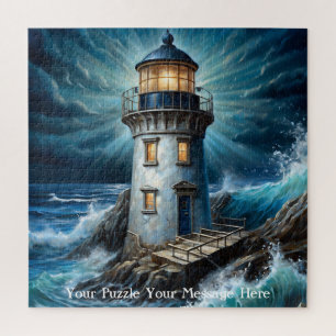 Powerful storm crashing against a lighthouse jigsaw puzzle