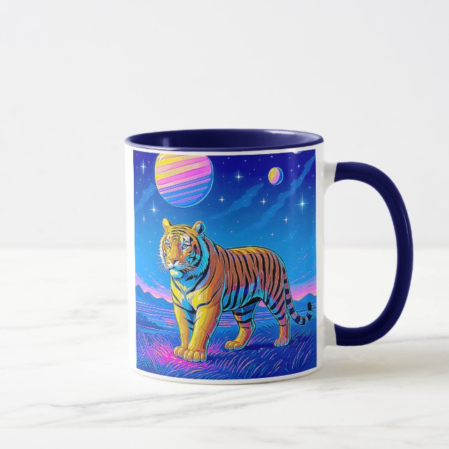 Powerful tiger in a cosmic landscape. mug (Right)