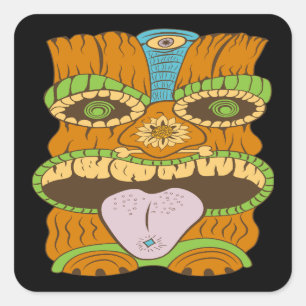 Powerful Tiki Statue in Psychedelic Mood, Funny Square Sticker