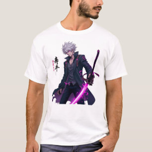 Powerful White-Haired Anime Warrior with Glowing  T-Shirt