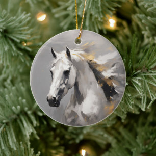 Powerful White Horse Portrait Oil Effect Ceramic Ornament