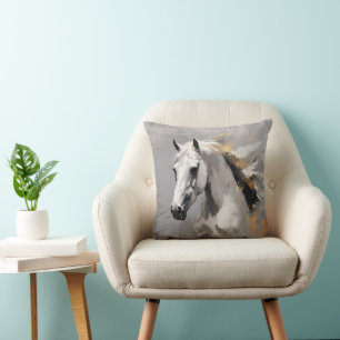 Powerful White Horse Portrait Oil Effect Cushion