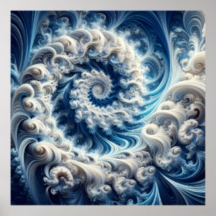 Powerful Yet Delicate Blue and White Fractal Swirl Poster
