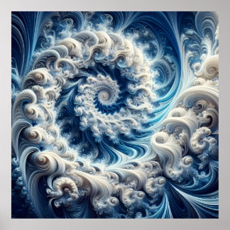 Powerful Yet Delicate Blue and White Fractal Swirl Poster
