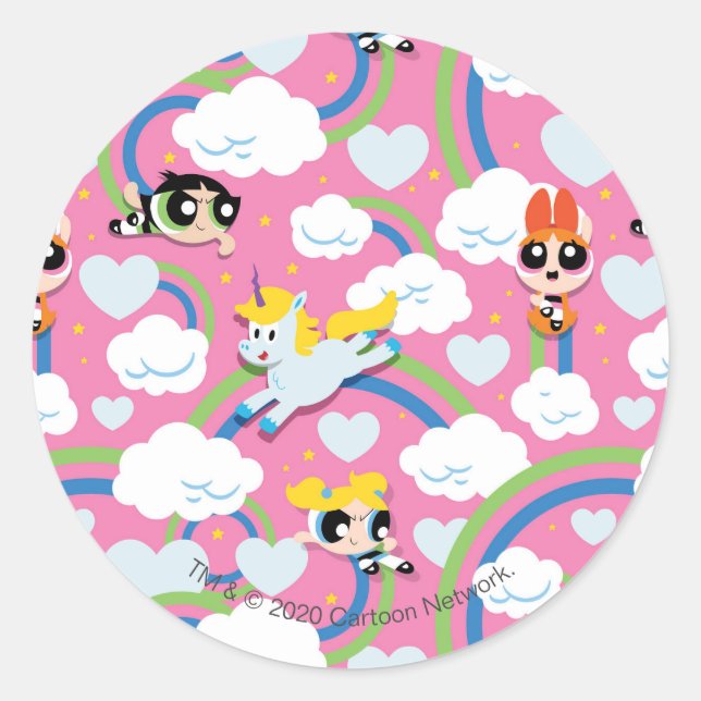 Powerpuff Girls & Donny Rainbow Pattern Classic Round Sticker (Front)