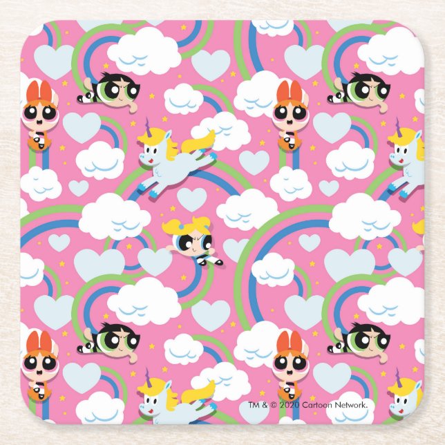 Powerpuff Girls & Donny Rainbow Pattern Square Paper Coaster (Front)