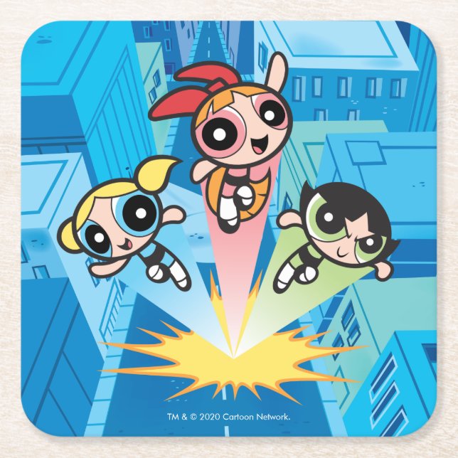 Powerpuff Girls Launch Into The Air Square Paper Coaster (Front)
