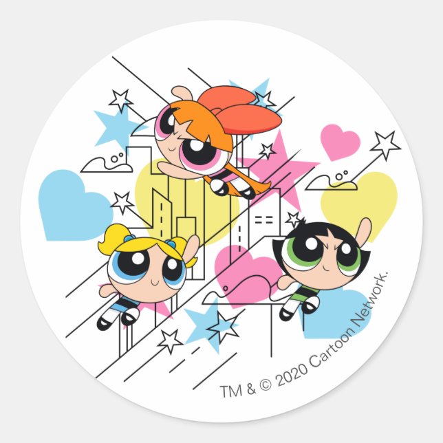 Powerpuff Girls Townsville Pattern Classic Round Sticker (Front)