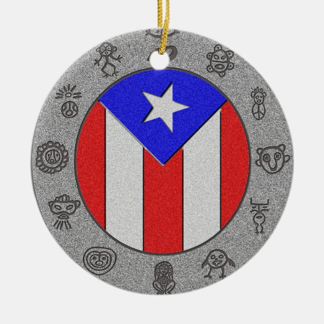 PR Flag & Petroglyphs Ceramic Ornament (Front)