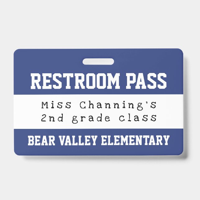 Practical Blue White School Restroom Pass ID Badge (Front)